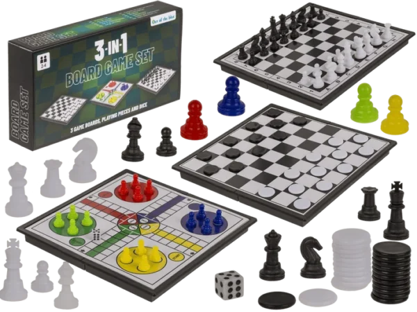 Borðspøl 3í1, draughts, ludo, chess 16 x 8 cm,
